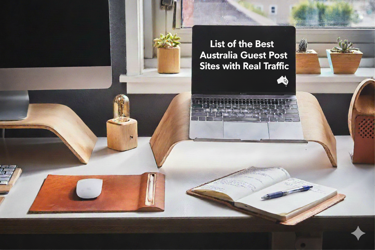 Image for a blog post about 'Australia Guest Post Sites', featuring a laptop with the title 'List of the Best Australia Guest Post Sites with Real Traffic'