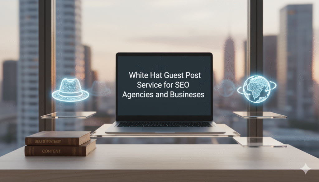 Feature image for a blog post about 'White Hat Guest Post Service', showing a laptop with the title, relevant SEO icons, and strategy books