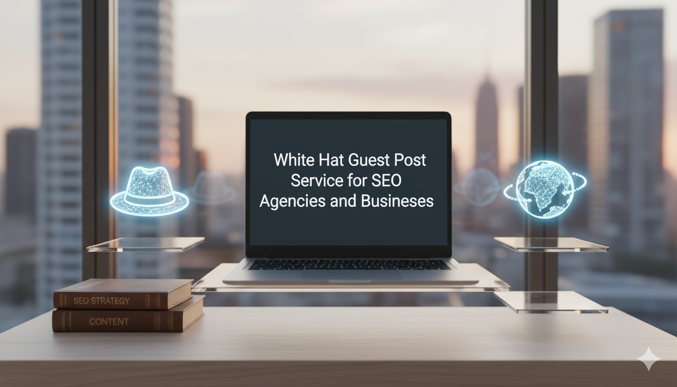 Feature image for a blog post about 'White Hat Guest Post Service', showing a laptop with the title, relevant SEO icons, and strategy books
