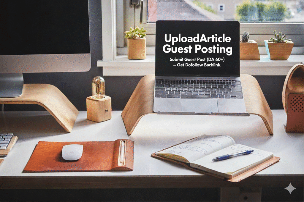Workstation with a laptop showing 'UploadArticle Guest Posting' for submitting guest posts to get dofollow backlinks