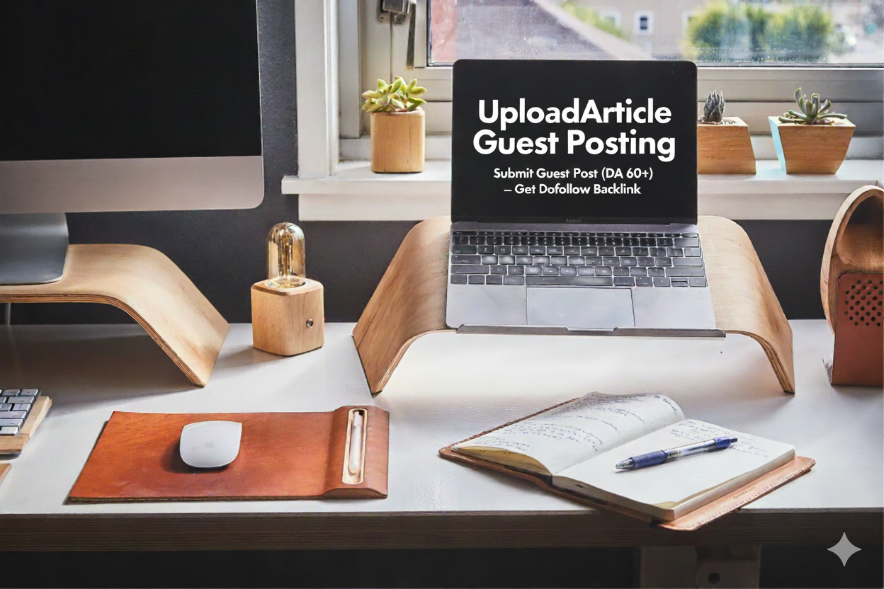Workstation with a laptop showing 'UploadArticle Guest Posting' for submitting guest posts to get dofollow backlinks