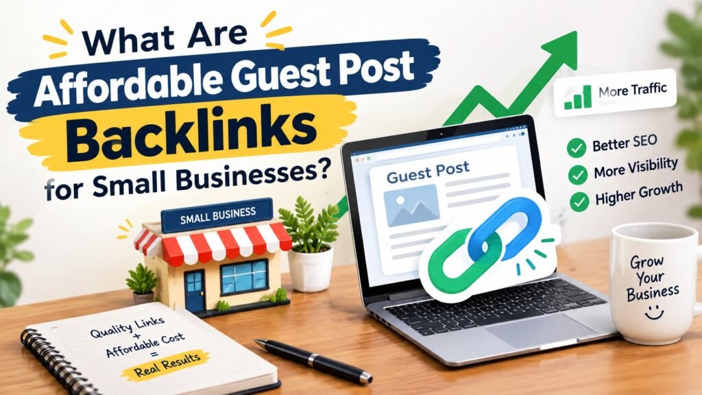 Illustration of a small business storefront connected to blog pages through guest post backlinks