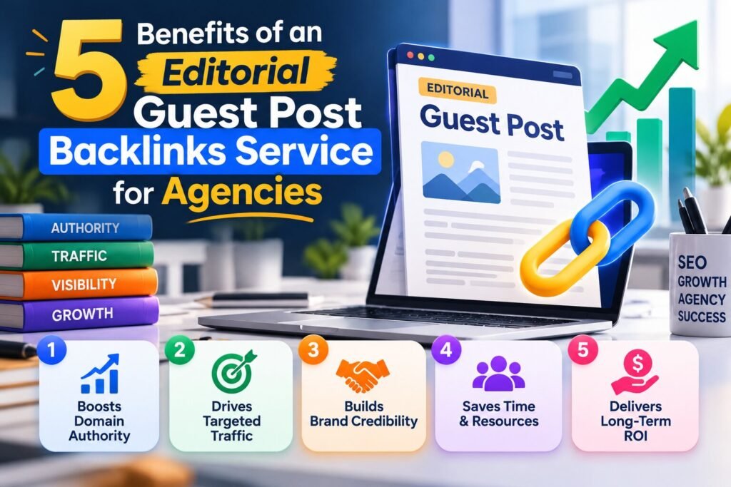 Illustration of an editorial guest post with a highlighted backlink connecting two websites