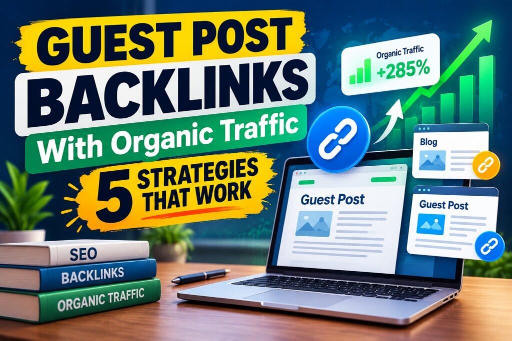 Checklist and traffic chart showing how to vet guest post backlinks with organic traffic