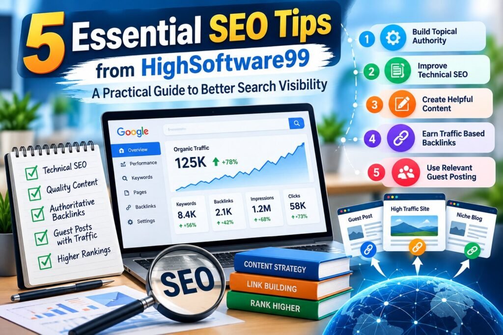 5 Essential SEO Tips from HighSoftware99 covering technical SEO, helpful content, organic traffic, backlinks, and guest posting.