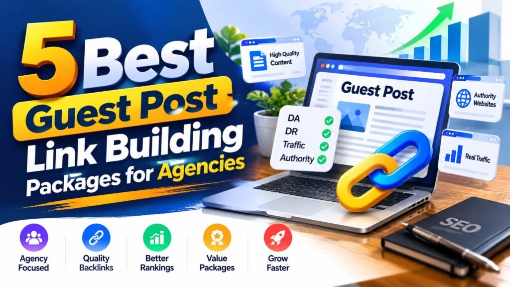Five package boxes linked to article pages, illustrating guest post link building packages for agencies