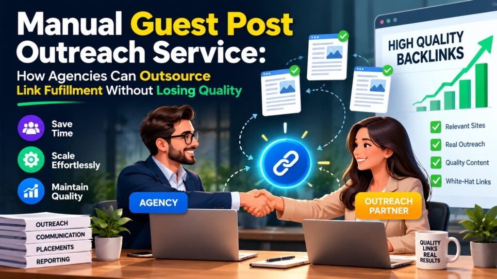 Illustration of a manual guest post outreach workflow from email pitch to published article