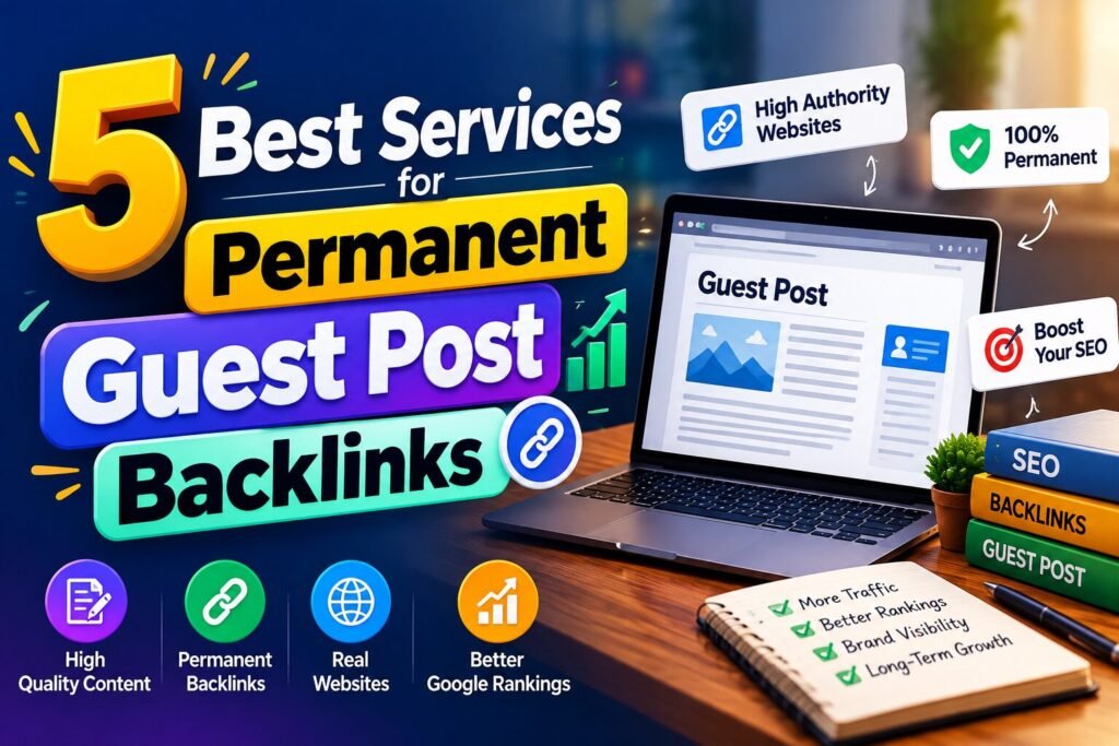 Permanent guest post backlinks service comparison graphic with a laptop showing a guest post
