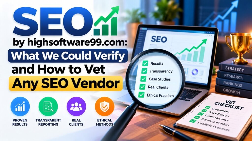 Magnifying glass over a browser window next to a vendor vetting checklist
